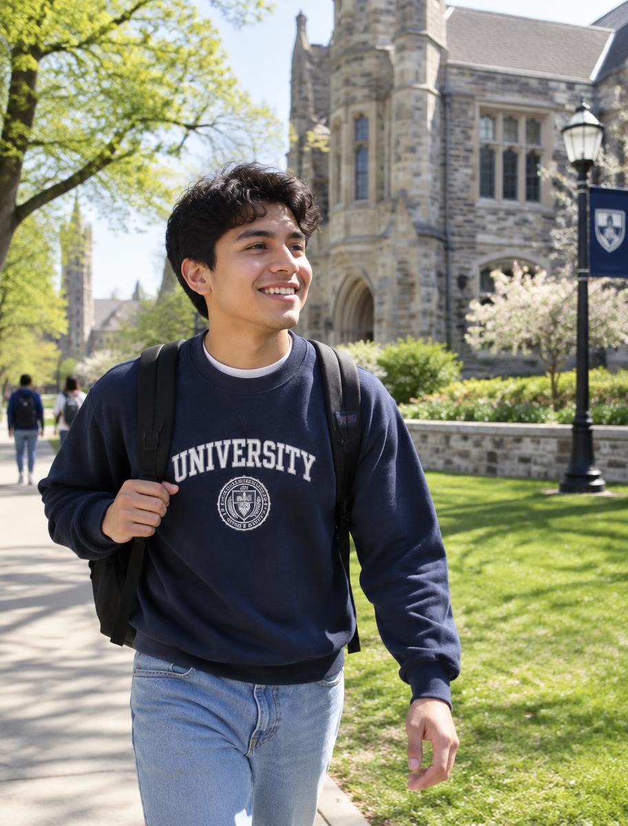 Estudante caminhando pelo campus de uma universidade no exterior